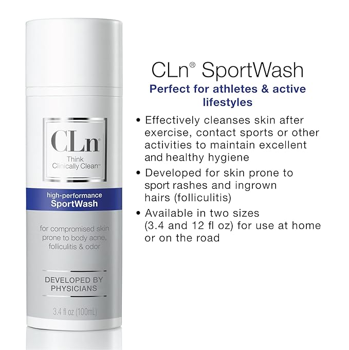 CLn® SportWash – High-Performance Sport Body Wash, For Men & Women Prone to Body Odor, Foot Odor, Ringworm, Folliculitis, & Back Acne, Fragrance-Free & Paraben-Free, 3.4 fl. oz.