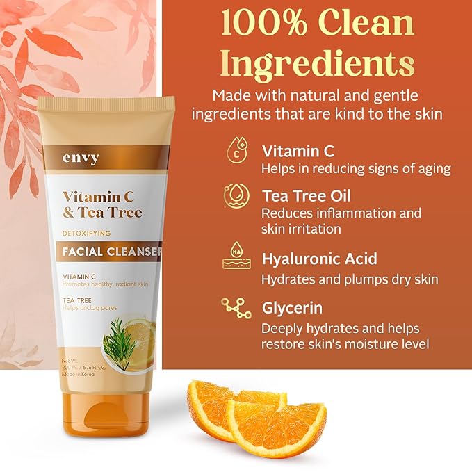 Envy Facial Cleanser with Vitamin C & Tea Tree – Refreshing Gel Cleanser for Balanced, Radiant Skin – Gently Removes Impurities & Excess Oil – Dermatologist-Tested, Clean & Cruelty-Free – 6.76 oz