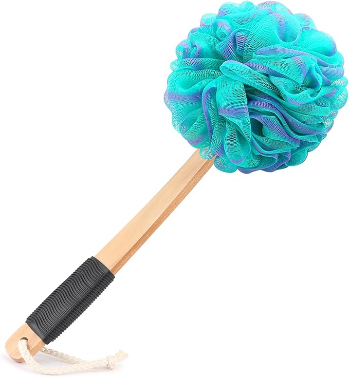Loofah on a Stick PE Soft Mesh Luffa with Non-Slip Wooden Handle Made of Soft and Sturdy Rubber Material Back Scrubber for Shower for Women and Men with String for Easy Hanging(Green)