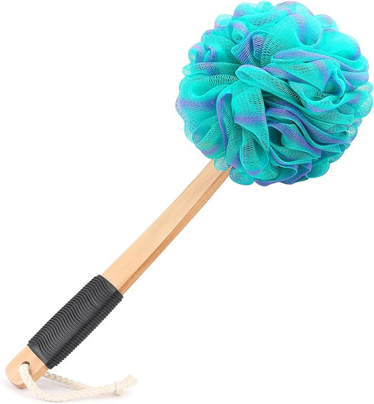 Loofah on a Stick PE Soft Mesh Luffa with Non-Slip Wooden Handle Made of Soft and Sturdy Rubber Material Back Scrubber for Shower for Women and Men with String for Easy Hanging(Green)