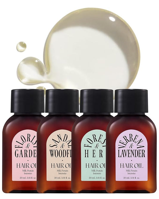Milk Protein Intensive Hair Oil Trial Kit - 4 Scents x 1.01 fl.oz. - Argan Oil & Milk Protein Hair Treatment Set - Moisturizing Lightweight Formula for Shine, Curl Definition & Frizz Control