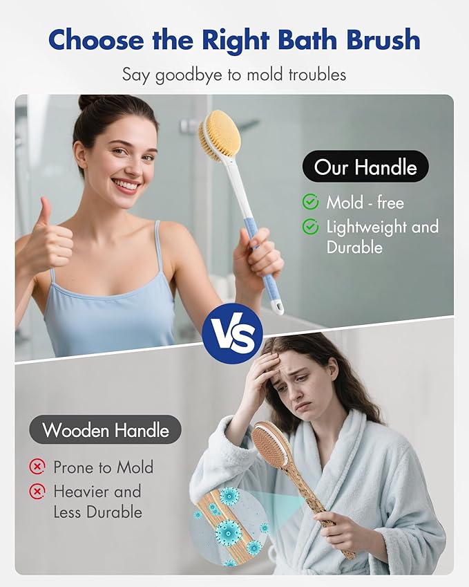 Back Scrubber Body Shower Brush: Anti Slip Long Handle Bath Brush with Stiff and Soft Bristles - Showering Exfoliator Wet or Dry Brushing for Women, Men, Elderly (Blue)