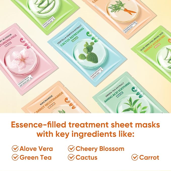 Sheets Face Masks Skincare for All Skin Types, Hydrating Facial Sheets Mask for Firming, Sheet Mask with Cherry Blossom Cactus Aloe Vera Facial Sheet For Moisturizing, Soothing, Face Mask for Women