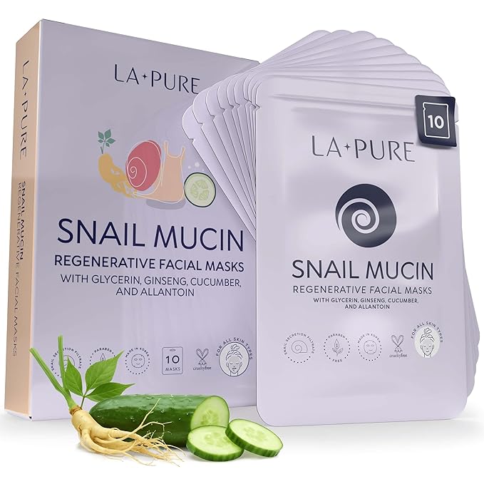 LA PURE Snail Mucin Mask – 10ct Korean Sheet Mask Pack for Signs of Aging, Aid Skin Repair & Hydration – Pure Snail Mask for Face with Collagen & Hyaluronic Acid – Cruelty-Free Hydrating Sheet Mask