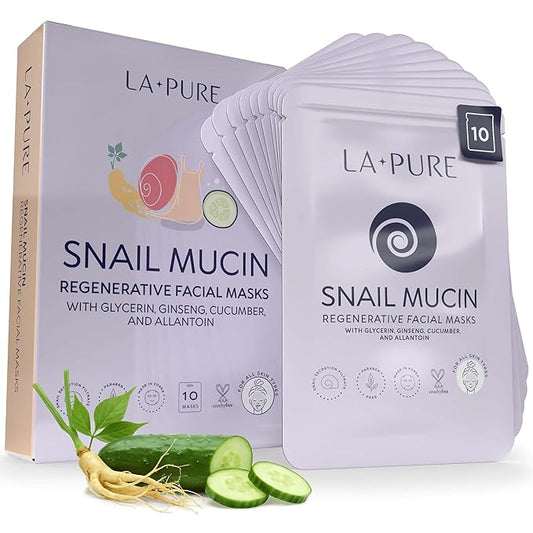 LA PURE Snail Mucin Mask – 10ct Korean Sheet Mask Pack for Signs of Aging, Aid Skin Repair & Hydration – Pure Snail Mask for Face with Collagen & Hyaluronic Acid – Cruelty-Free Hydrating Sheet Mask