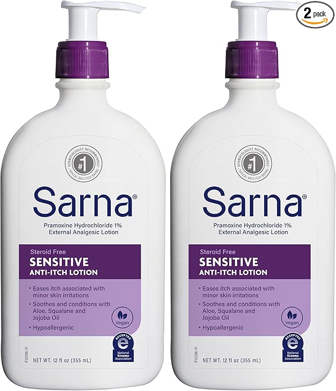 Sarna Sensitive Anti-Itch Lotion, Steroid-Free, Fragrance-Free, Vegan, Hypoallergenic, National Eczema Association Accepted, 1% Pramoxine Hydrochloride, 12 oz (Pack of 2)