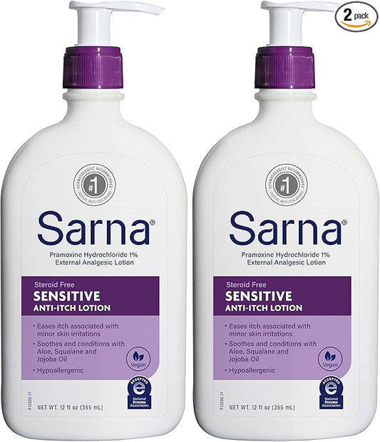 Sarna Sensitive Anti-Itch Lotion, Steroid-Free, Fragrance-Free, Vegan, Hypoallergenic, National Eczema Association Accepted, 1% Pramoxine Hydrochloride, 12 oz (Pack of 2)