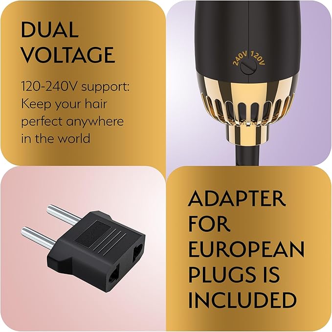 Professional Dual Voltage Blowout Hair Dryer Brush for European Travel 110V-120V/220V-240V, Black Gold Dryer and Volumizer, Hot Air Brush for Women, 2.4 INCHES Oval Shape