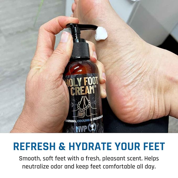 Derm Dude Holy Foot Cream for Dry Cracked Heels and Feet | Moisturizing Lotion Formulated w/All-Natural DeoPlex for Odor Control & Arrowroot for Deep Hydration - MVP Scent 4oz (1pack)