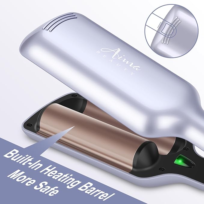 32mm Aima Beauty 2 Barrel Curling Wand Big Wave Mermaid Hair Waver, Anti-Scald Curling Iron, Negative Ionic Emitter Lock Moisture Worldwide Dual Voltage Medium/Long Hair (Purple)