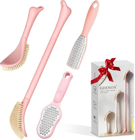 New Foot Brush & Foot Files Set(3PCS), 3-in-1 Foot Scrubber with Long Handle, 10.2’’-27.5’’Adjustable Foot Scrub Brush and 2 Upgrade Foot File Callus Remover, Gift-Box Packed(Pink+2*Foot File)