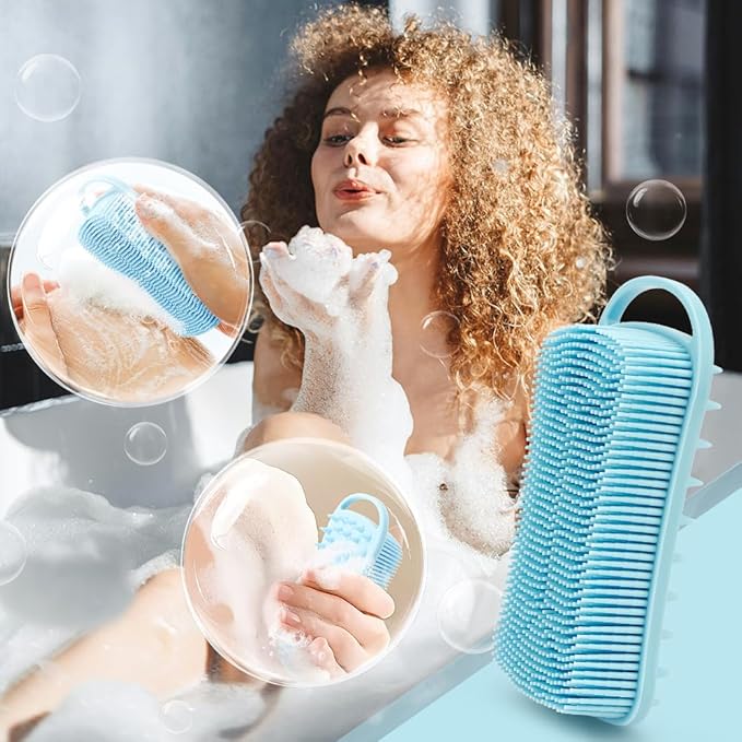 Silicone Body Scrubber, 2 in 1 Soft Silicone Loofah 2 Pack Exfoliating Body Scrubber Loofah for Women Men, Body Scrubber Shower Bath Shampoo Brush with Loop for Sensitive Skin Lather Well, Black &Blue