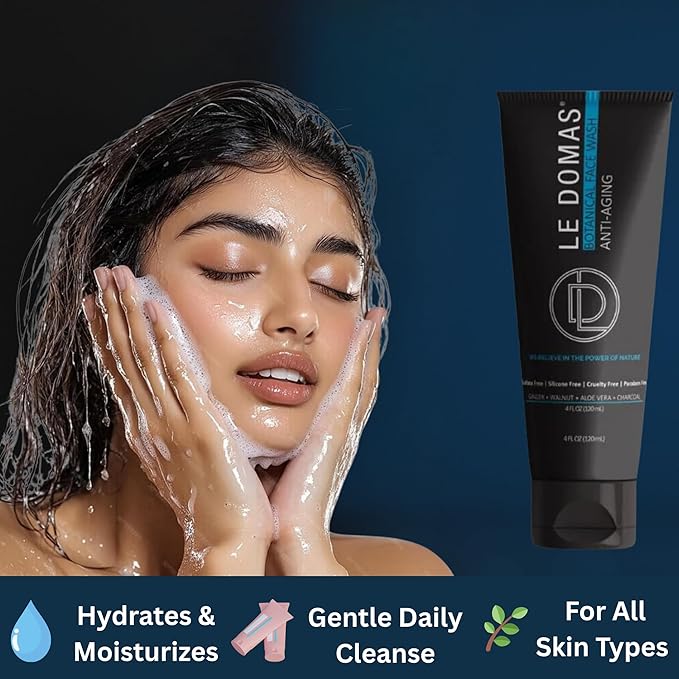 Botanical Face Wash with Ginger, Walnut, Aloe Vera & Charcoal – Hydrating Facial Cleanser for Men & Women – Sulfate Free, Gentle Skin Care Products & Face Wash for All Skin Types, 4 fl oz