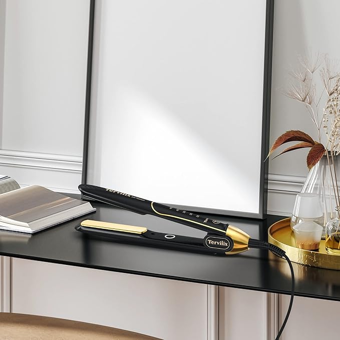 Terviiix 100% Titanium Flat Iron, 24K Salon Professional Hair Straightener and Curler 2 in 1, Non-Snagging Straightening Iron for One Swipe, 15s Ultra Fast Heating, Dual Voltage, Auto Shut Off, 1''