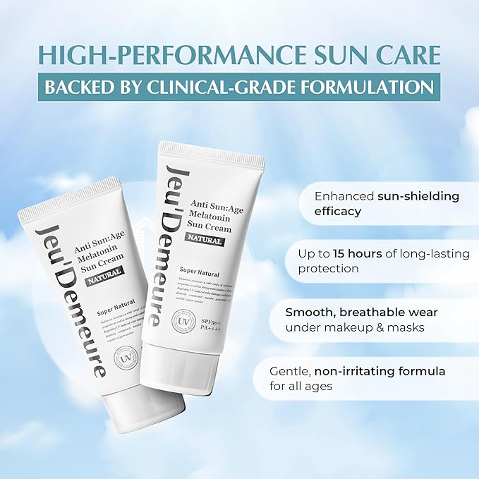 JEU'DEMEURE Anti-Aging SPF 50 Face Moisturizing Sunscreen Lotion with Broad Spectrum, Melatonin, Lightweight, Non-Sticky, Sun Essence for Sensitive Skin, 1.69 fl oz