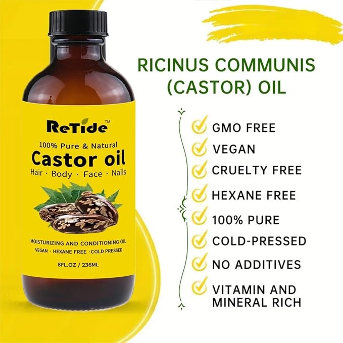Pure Organic Cold Pressed Castor Oil, Natural Hair, Skin, Nails Treatment, Hexane Free, Amber Glass Bottle, 8 Fl Oz