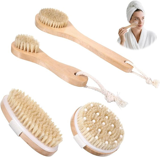 4Pcs Dry Brushing Body Brush Set, Dry Brush Natural Bristle for Back Massage Lipedema Shower Lymphatic Drainage and Cellulite Treatment Improve Blood Circulation, Bath Scrubber for Body