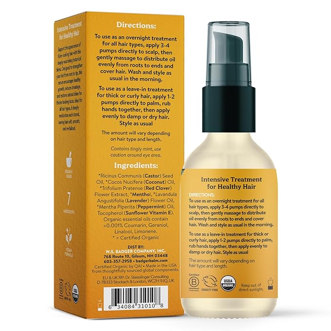 Badger Organic Castor Hair Oil for Thicker Fuller Looking Hair, 100% Organic Castor Oil for Hair Growth & Restoration, Red Clover & Peppermint, Deep Hydrating Hair Oil, 2 fl oz Glass Bottle