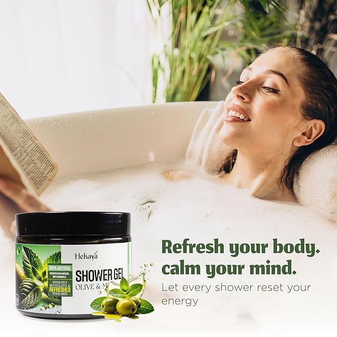 Hekaya Olive Oil & Mint Shower Gel – 14 oz | Natural Body Wash for Dry Skin | Hydrating & Moisturizing | Natural Body Wash for Women & Men | Daily Use.