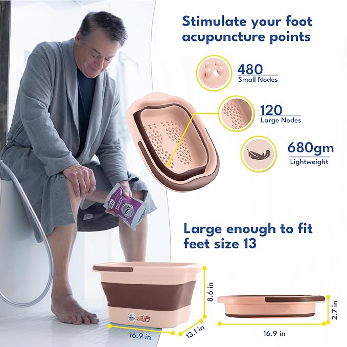 AWA Foot Soaking Tub, Collapsible Foot Bath Soak Tub for Soaking Feet, Pedicure Bowl, Plastic Feet Soaking Tub with Acupressure Massage Points, Foldable Laundry Basket (Pink Foot Tub)