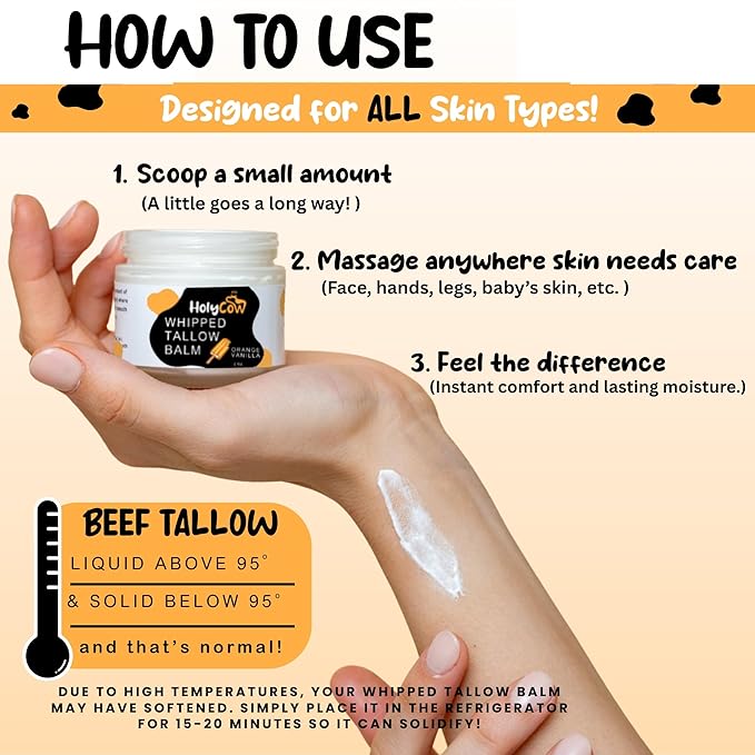 HolyCow Beef Tallow For Skin - Whipped Tallow Balm with Organic Jojoba Oil (Orange Vanilla), Grass Fed Beef Tallow Face Moisturizer for Eczema, Baby, Lip Balm - Lotion For Extremely Dry Skin