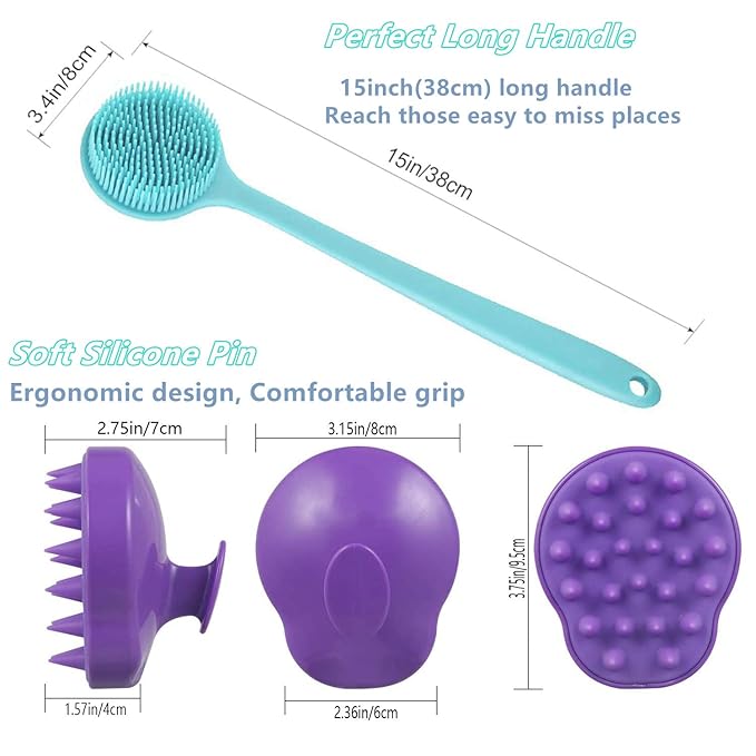 Silicone Body Scrubber & Scalp Massager, Long Handle Shower Brush, Exfoliating Scrubber for Men, Women & Kids
