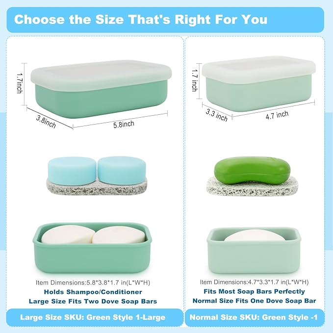 Leak Proof Travel Soap Case,Solid Shampoo Bar Holder, Silicone Soap Container with Draining Layer, Portable Bar Soap Holder for Bathroom, Camping, Gym, Easy to Clean (Green, Large)