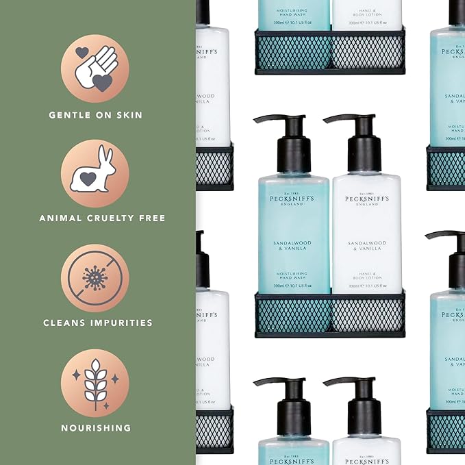 Pecksniff's Kitchen Soap Dispenser Set, Moisturizing Liquid Hand Soap Lotion Set for Kitchen Sink Bathroom Countertop with Black Metal Mesh Caddy, 10.14 Fl oz (Sandalwood and Vanilla)