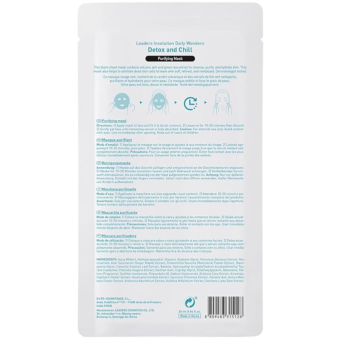 Leaders Insolution Daily Wonders Detox and Chill Facial Mask Sheet Activated Charcoal Purifying Pore Minimizing Exfoliating Dead Skin Korean Skincare (10 Sheets)