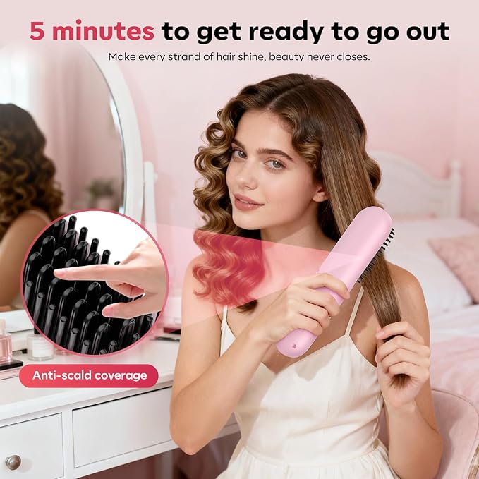 Go Brush Pro 2025 Hair Straightener Brush 300 Million Negative Ionic Portable Hair Straightener Comb for Women with 4 Temps Fast Heating MCH Ceramic Coating Smooth Frizz Hair Light Pink