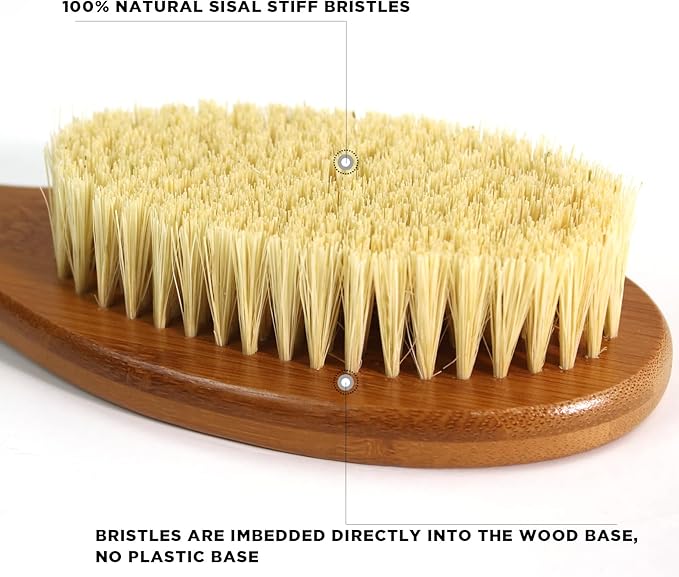 ICANdOIT-17.71Inch Natural Stiff Sisal Bristles Anti-Slip Long Handle Bath Brush,Bent Handle Shower Scrubber for Exfoliating,Shower Back Brush,Exfoliation Set with Pumice Stone(1 Pack)