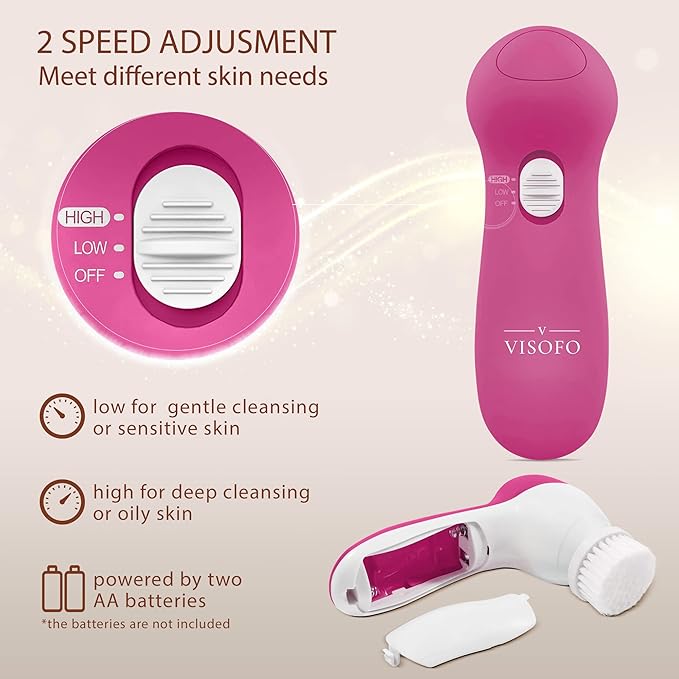 Facial Cleansing Brush Face Scrubber Exfoliating Cleaning Skin Care Cleanser Wash Women Girls Electric Beauty Powered Exfoliator Skincare Spin Tools Scrub Washer Self Care by VISOFO (Rubellite)