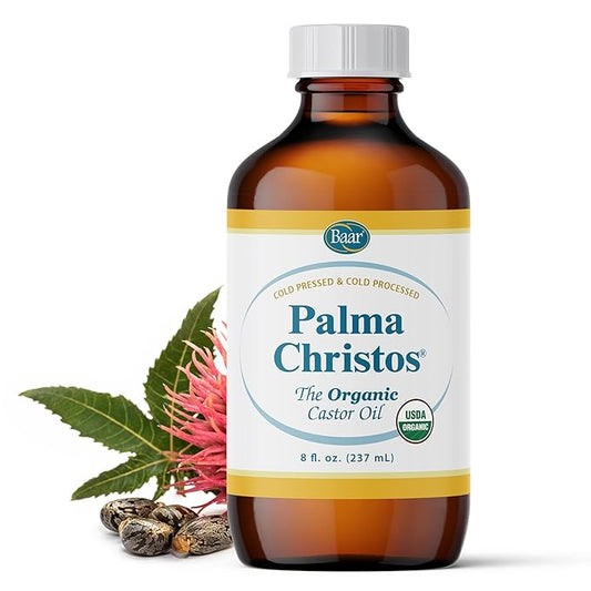 Baar Palma Christos Organic Castor Oil, Cold-Pressed, Hexane-Free, USDA Certified, for Skin, Hair, Massage & Castor Oil Packs, Glass Amber Bottle, 8 oz.