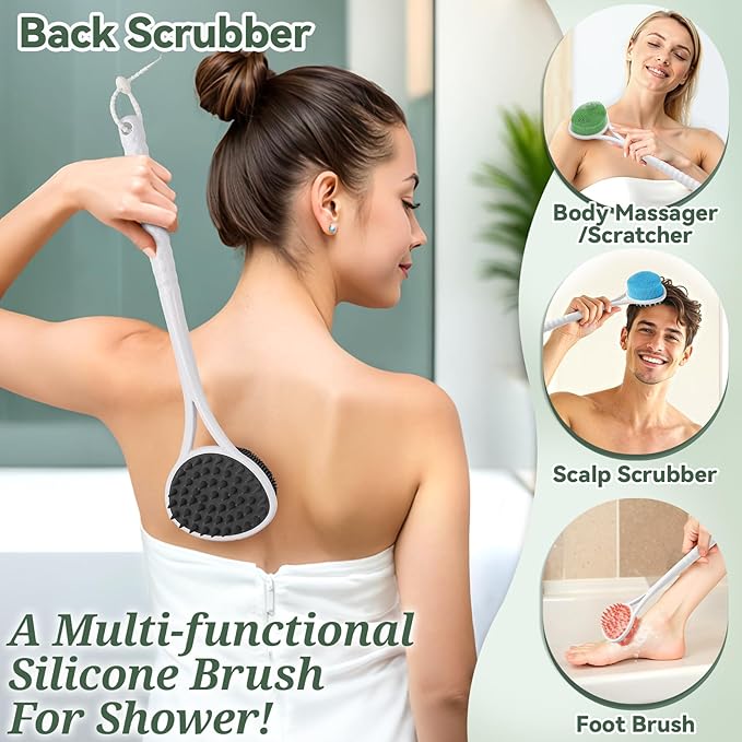 Silicone Back & Body & Face Scrubbers Set 4PCS, 15.35’’ Soft Back Scrubber for Dual-Side Usage, Easy-to-Hold Bath Glove Body Scrubber Face Scrubber for Good Foaming & Deep Cleaning(Black)