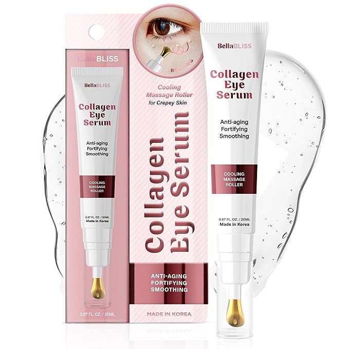 BellaBLISS Collagen Eye Serum with Cooling Massage Roller, Anti-Aging, Hydrating Under Eye roller for Dark Circles, Puffiness, Fine Lines, Wrinkles – Made in Korea 0.67 FL OZ / 20ML - Pack of 1