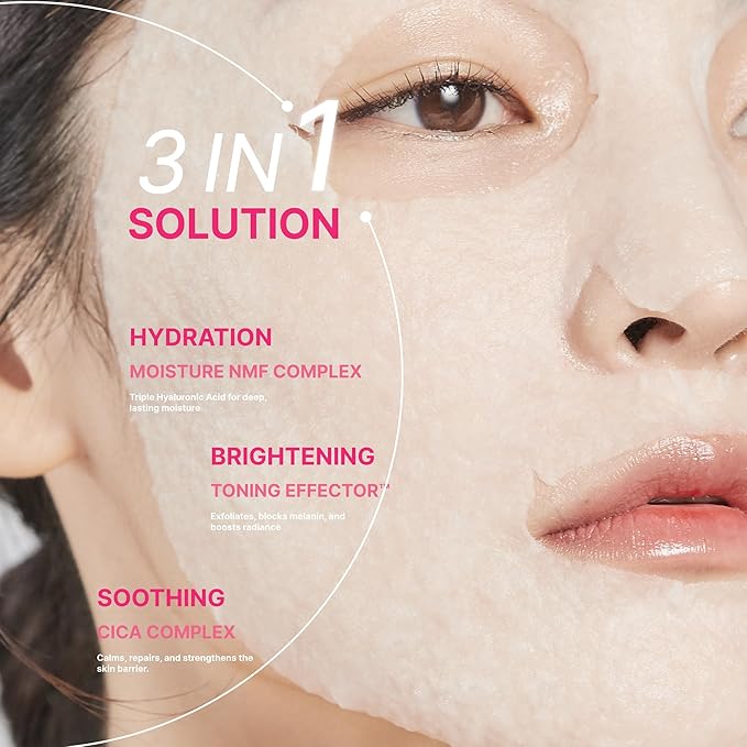 Toning Active Mask – Brightening, Hydrating&Soothing Face Mask with Tranexamic Acid & Hyaluronic Acid, Sheet Mask with Coconut Fiber, Gentle for Sensitive Skin, Korean Skin Care, Vegan, 5EA