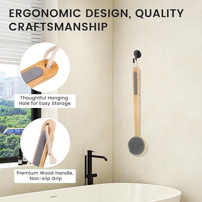 Back Scrubber for Shower - Double-Sided Silicone and Super-Dense Bristles for Deep Cleaning & Exfoliation, Bamboo Long Handle with Wider Anti-Slip Grip, Body Exfoliator for Wet or Dry Brushing
