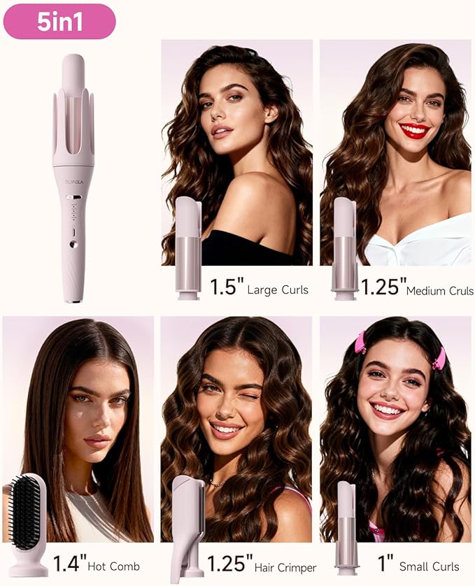 5 in 1 Auto Curling Iron Set with Interchangeable Barrels - 1", 1.25", 1.5" Curling Wand, Hair Crimper & Straightening Brush, Rotating Ceramic Curler, 3 Temp, Dual Voltage, Anti-Scald, Pink