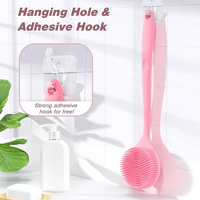 Manmihealth Silicone Back Scrubber(Thick Bristles) & Soft Bath Glove Set, Super-Exfoliating Body Scrubber & Super-Lathering Shower Brush Combination, with a Free Hook.(Pink)