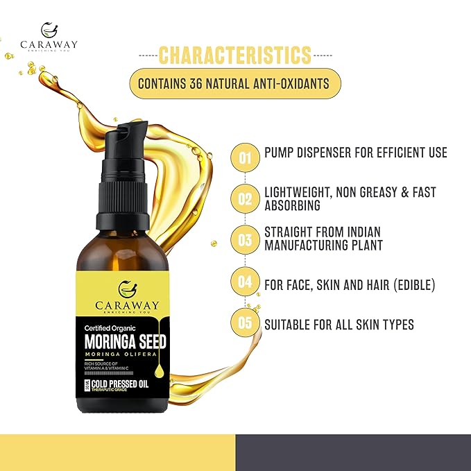 CARAWAY Organic 100% Pure Cold-Pressed Moringa Seed Oil - 1.69 oz | Unrefined Moringa Oil - Anti-Aging & Anti-Dandruff | Great Oil for Hair, Skin and Face | Ideal Carrier Oil For Essential Oils Mixing
