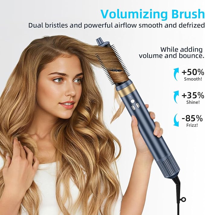 6-in-1 Hair Styler, Hair Dryer, Multi-Function Hot Air Brush Set, Ionic Blow Dryer with Interchangeable Attachments for Curling, Straightening (Gemstone Blue)
