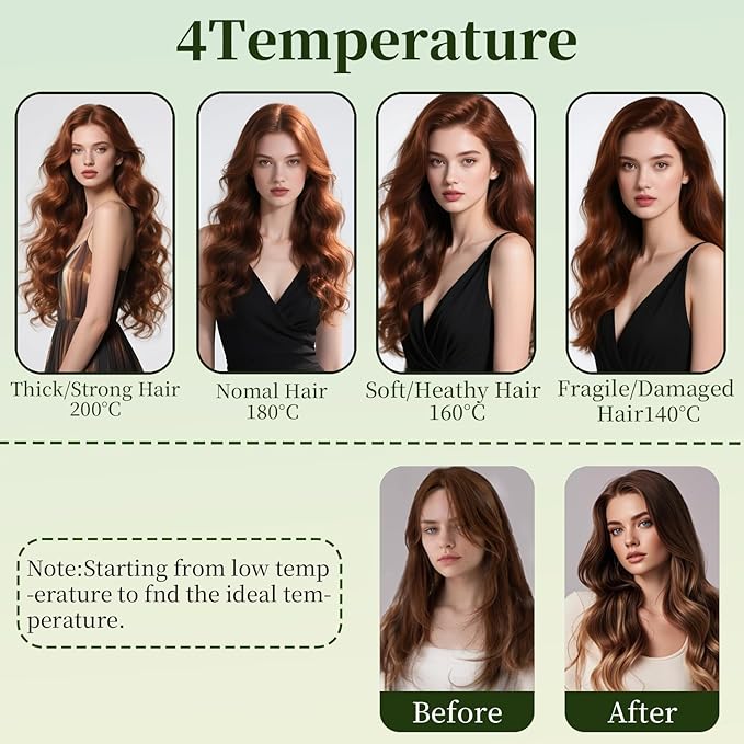 Automatic Curling Iron - Beach Waves Curling Wand with 4 Temperature, Portable Hair Curler Automatic Shut-Off, Anti-Scald, Anti-Tangle Rotating Curling Wand for Hair Styling, Elegant Green