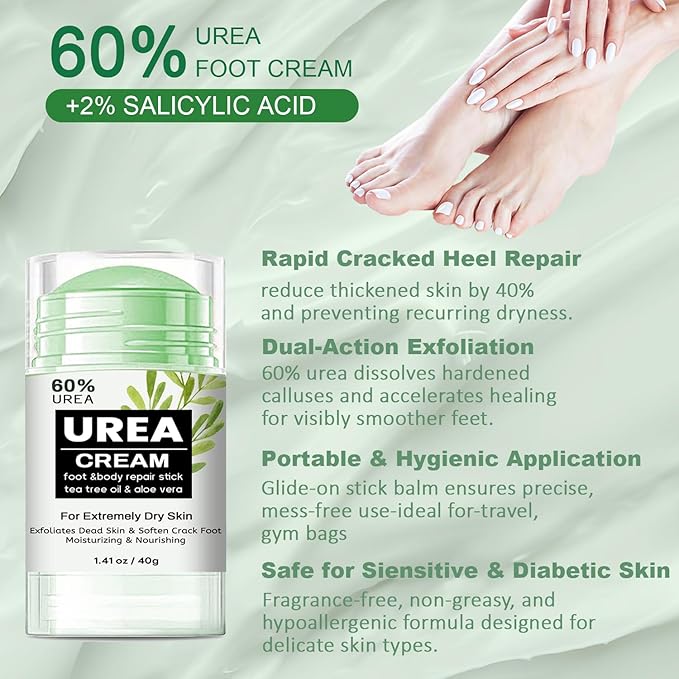60% Urea Cream Stick with Tea Tree Oil & Aloe Vera, Maximum Strength Foot Cream for Dry Cracked Heels, Feet Callus Remover, Dead Skin Exfoliator, Moisturizing Lotion for Hands, Knees, Elbows - 1.41oz