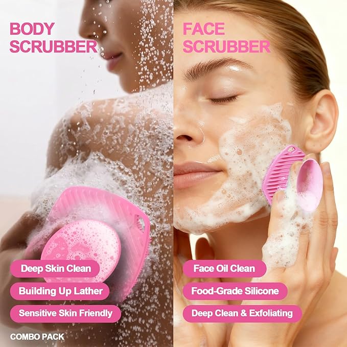 Silicone Body Scrubber with Suction Cup, Gentle Texture Exfoliating Body Scrubber for Men and Women On Sensitive Skin, Build Up Lather, Deep Skin Clean (Body+ Face Scrubber Pink)