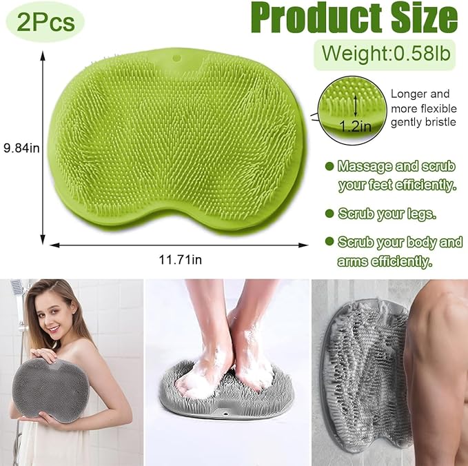 2 PCS Shower Foot & Back Scrubber Brush, Hands Free Wall Mounted Back Massager Mat with Non-Slip Suction Cups Deep Cleaning Foot Brush Exfoliating Silicone Massage Cleaner (Green&Grey)