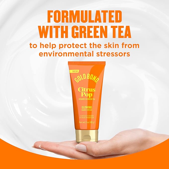 Gold Bond Citrus Pop Glowing Hand Cream, Everyday Hand Cream with Vitamin C to Help Visibly Brighten & Green Tea to Help Protect Skin from Environmental Stressors, Vibrant Citrus Pop Scent, 3 oz, 4 pk