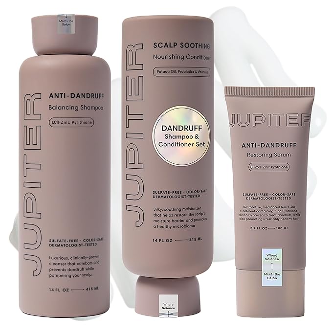 Jupiter Anti Dandruff Shampoo, Conditioner & Serum for Flaky, Itchy, Oily & Dry Scalp - Nourishes Scalp, Reduces Breakage & Flakes - Color-Safe, Sulfate-Free, Paraben-Free