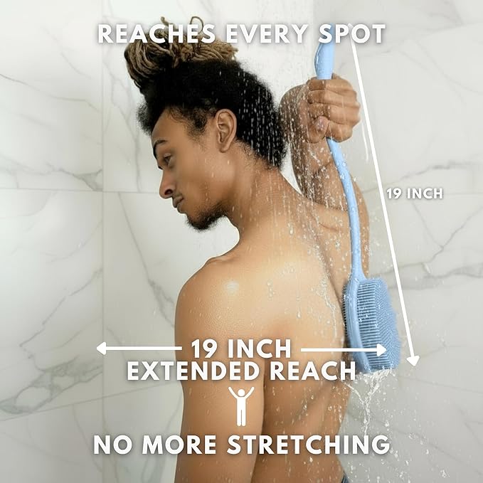 Long Handle Back Scrubber for Shower - 19 inch Extended Reach Silicone Body Brush - Avilana Bath Scrubber Extended Reach Tool - Easy Grip Body Wash Brush Gift