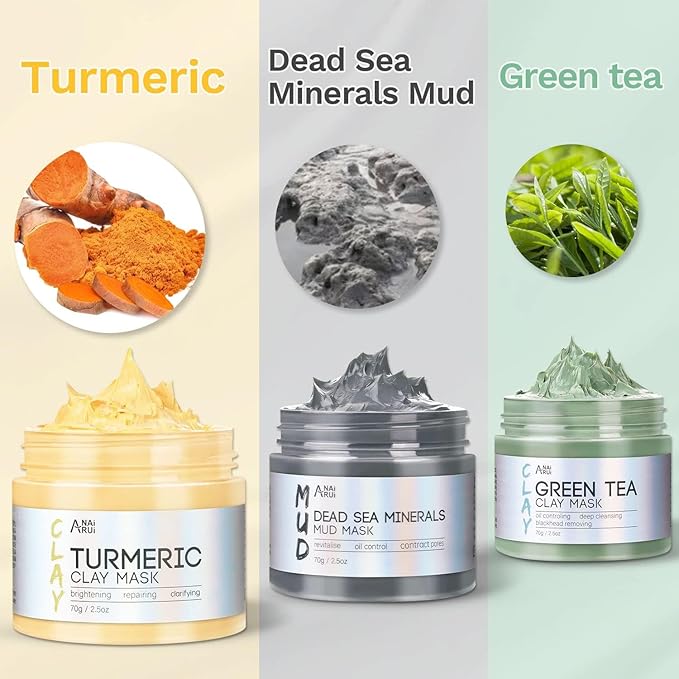ANAI RUI 3Pcs Face Mask Set, Turmeric Clay Mask - Green Tea Face Mask - Dead Sea Minerals Mud Mask, Holiday Gift Set, Stocking Stuffers for Women &Teen Girls, Self Care Gifts for Women 2.5 oz each