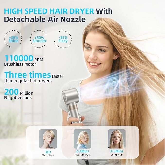 6-in-1 Hair Styler, Hair Dryer, Multi-Function Hot Air Brush Set, Ionic Blow Dryer with Interchangeable Attachments for Curling, Straightening (Champagne Gold)